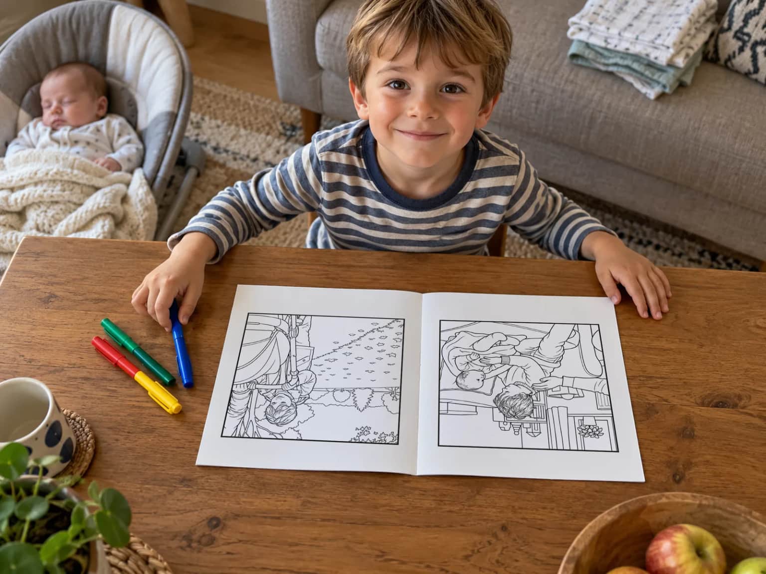 A big brother choosing a felt tip beside his open book at the living-room table, the baby asleep in a bouncer chair behind him