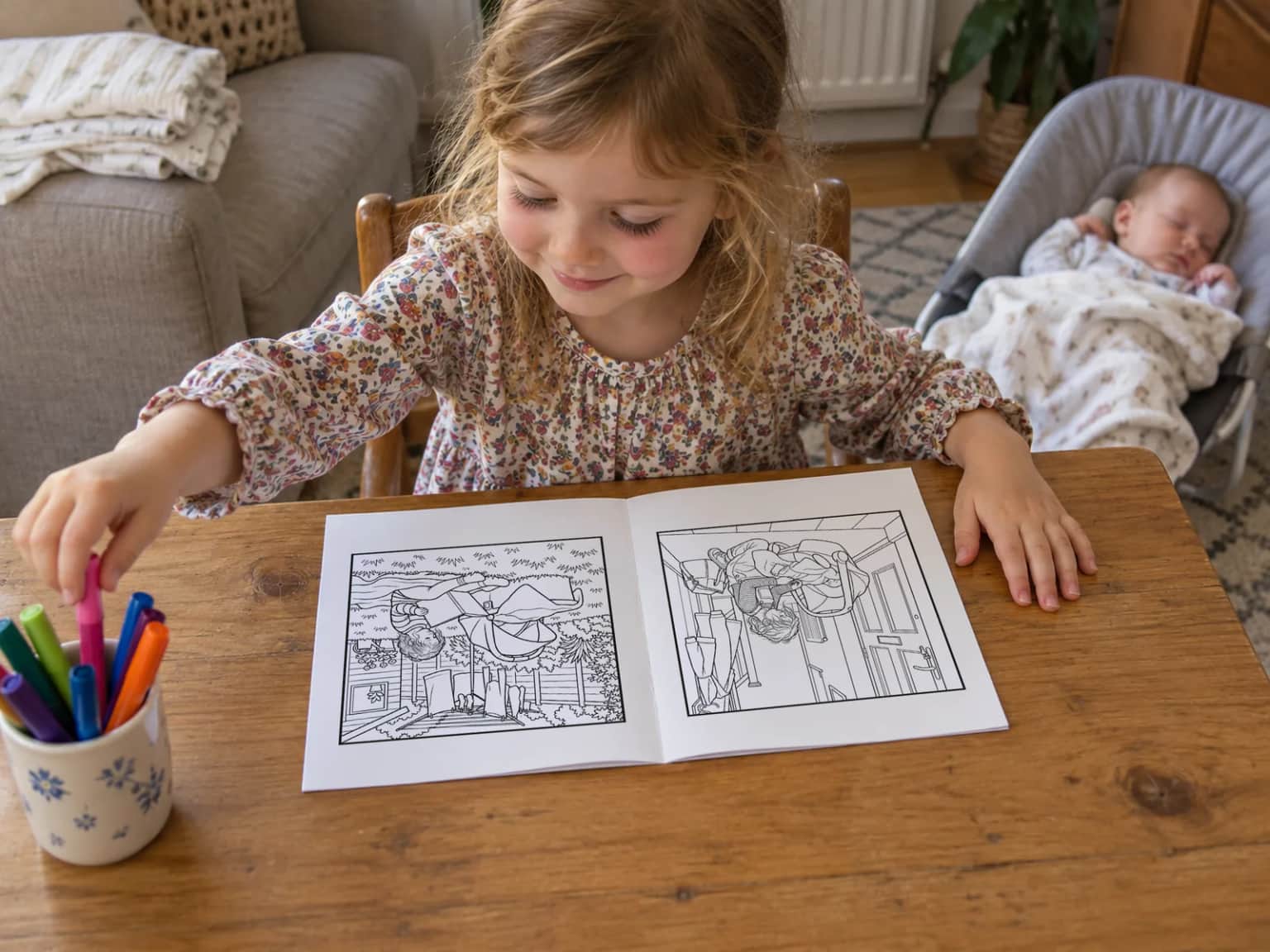 A big sister picking a felt tip from a pot beside her open book at the living-room table, the baby asleep in a bouncer chair behind her