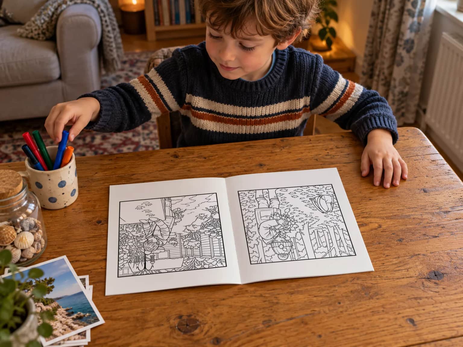 A boy picking a felt tip from a pot beside his open book at the living-room table, a few holiday photo prints on the table