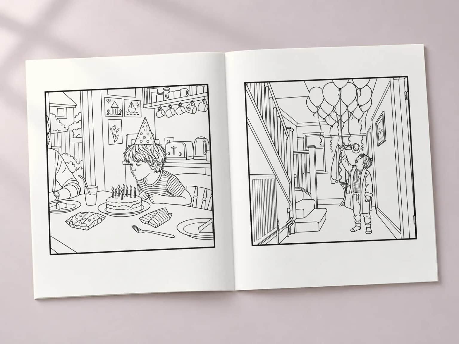 The colouring book open at two line-art pages: a boy blowing out his birthday candles and a boy reaching for balloons on the stairs