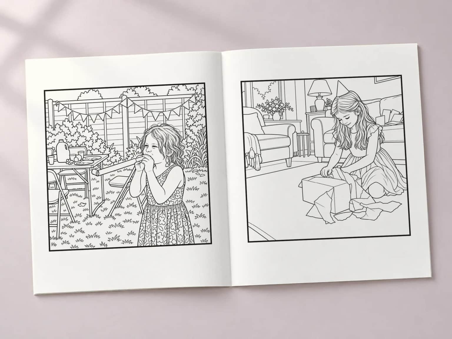 The colouring book open at two line-art pages: a girl blowing a party blower and a girl unwrapping a present