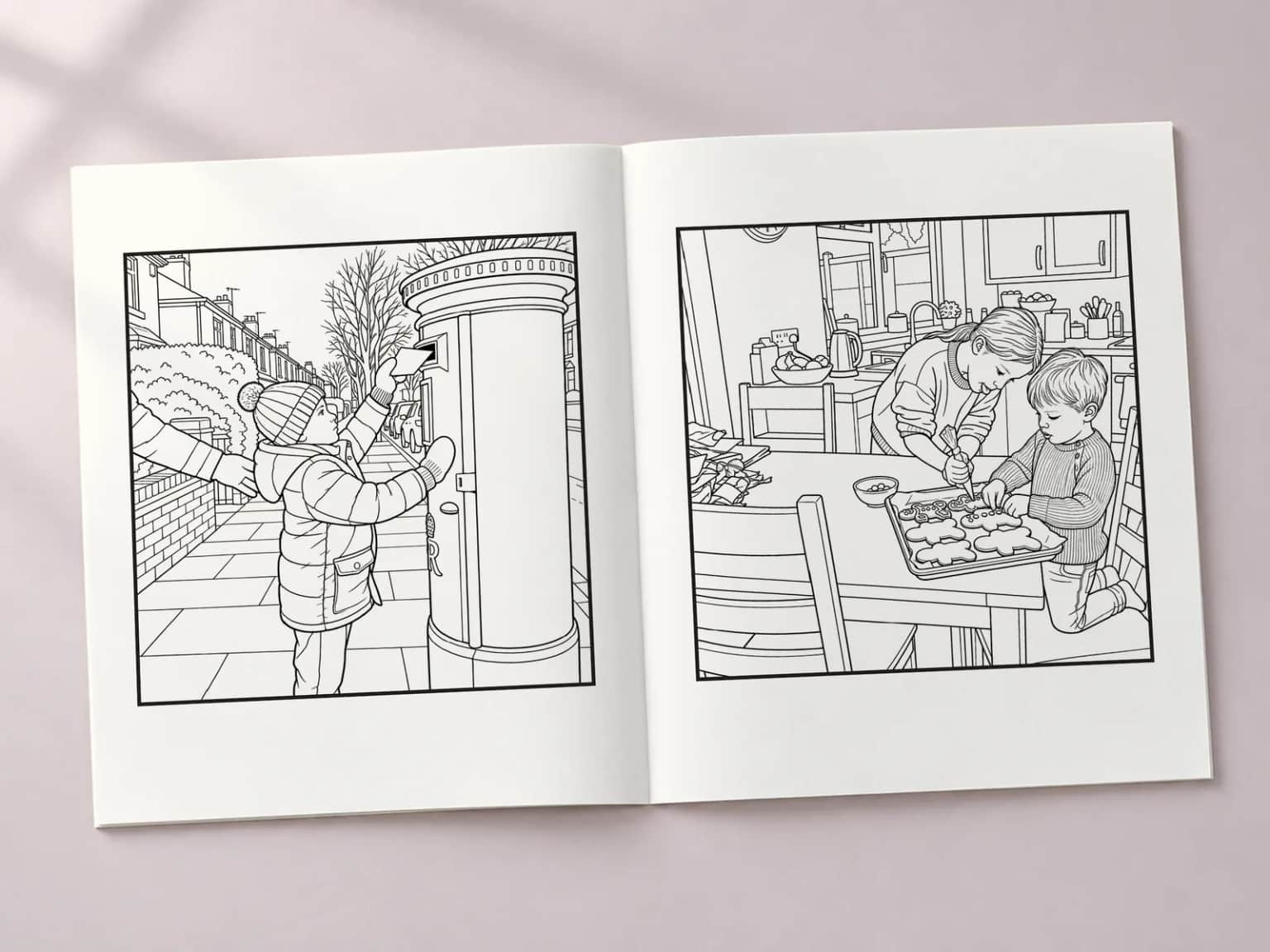 The colouring book open at two line-art pages: a boy posting a letter and a sister and brother icing gingerbread men