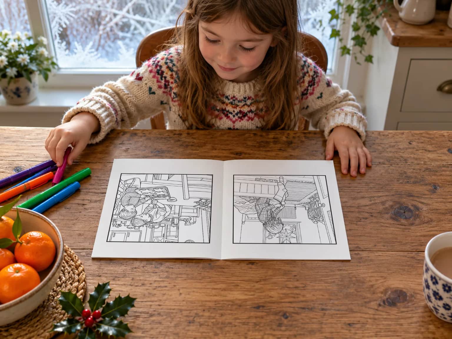 A girl in a knitted jumper choosing a felt tip beside her open book at the kitchen table on a frosty December morning, clementines and holly on the table