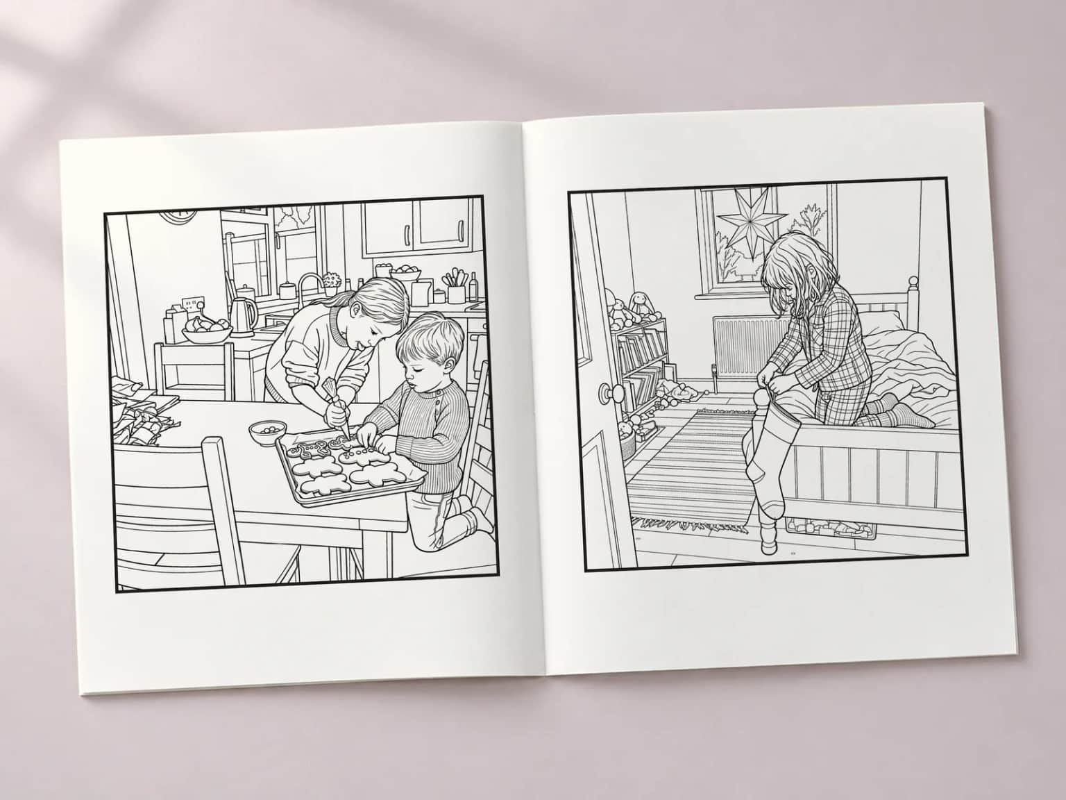 The colouring book open at two line-art pages: a sister and brother icing gingerbread men and a girl hanging her stocking on the bedpost
