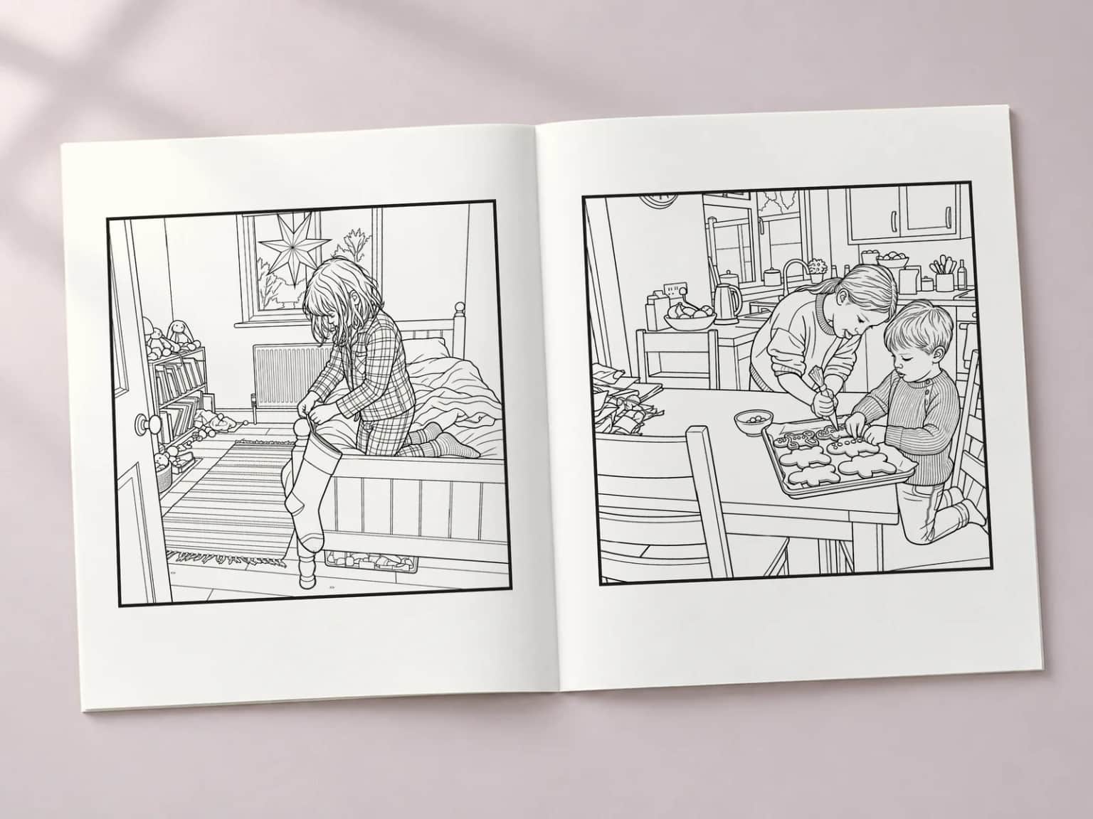 The colouring book open at two line-art pages: a girl hanging her stocking on the bedpost and a sister and brother icing gingerbread men
