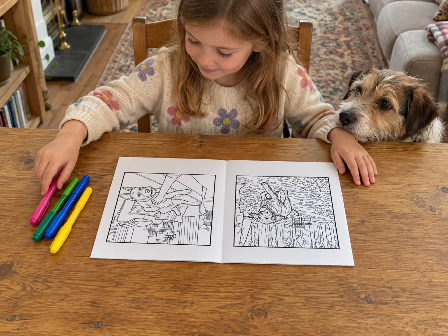 A girl choosing a felt tip beside her open book at the living-room table, the family dog, a scruffy terrier, resting its chin on her arm