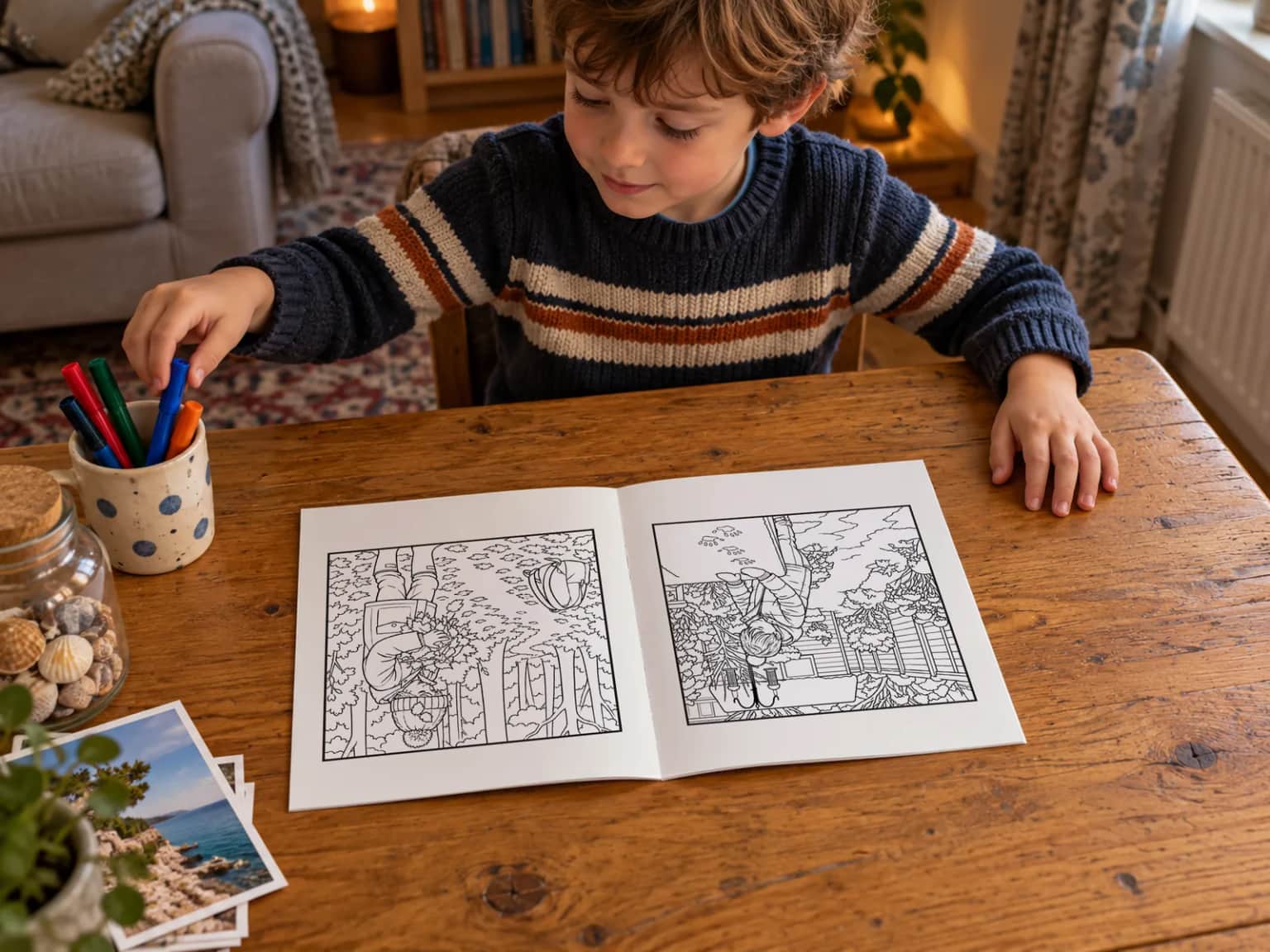 A boy picking a felt tip from a pot beside his open book at the living-room table, a few holiday photo prints on the table