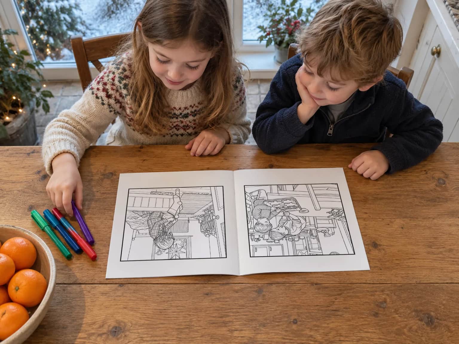 A girl choosing a felt tip beside the open book at the kitchen table as her little brother watches, snow outside the window