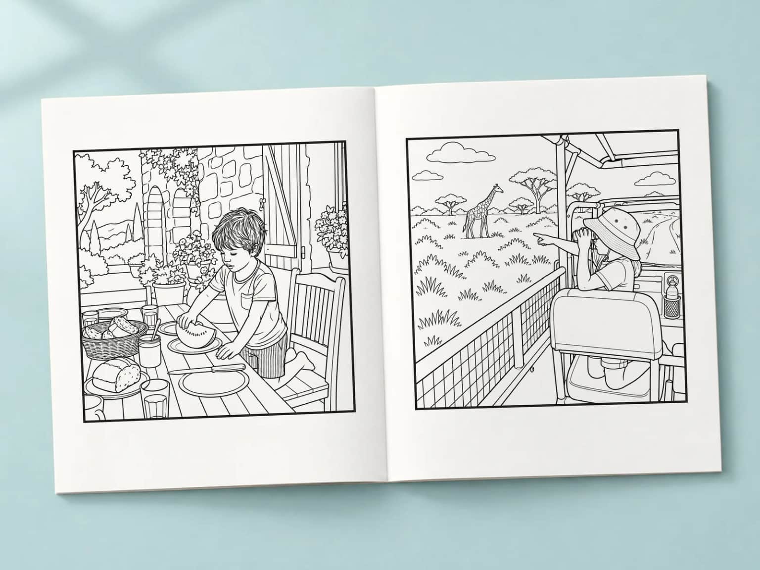 The colouring book open at two line-art pages: a boy reaching for watermelon at breakfast and a boy watching a giraffe from a safari jeep