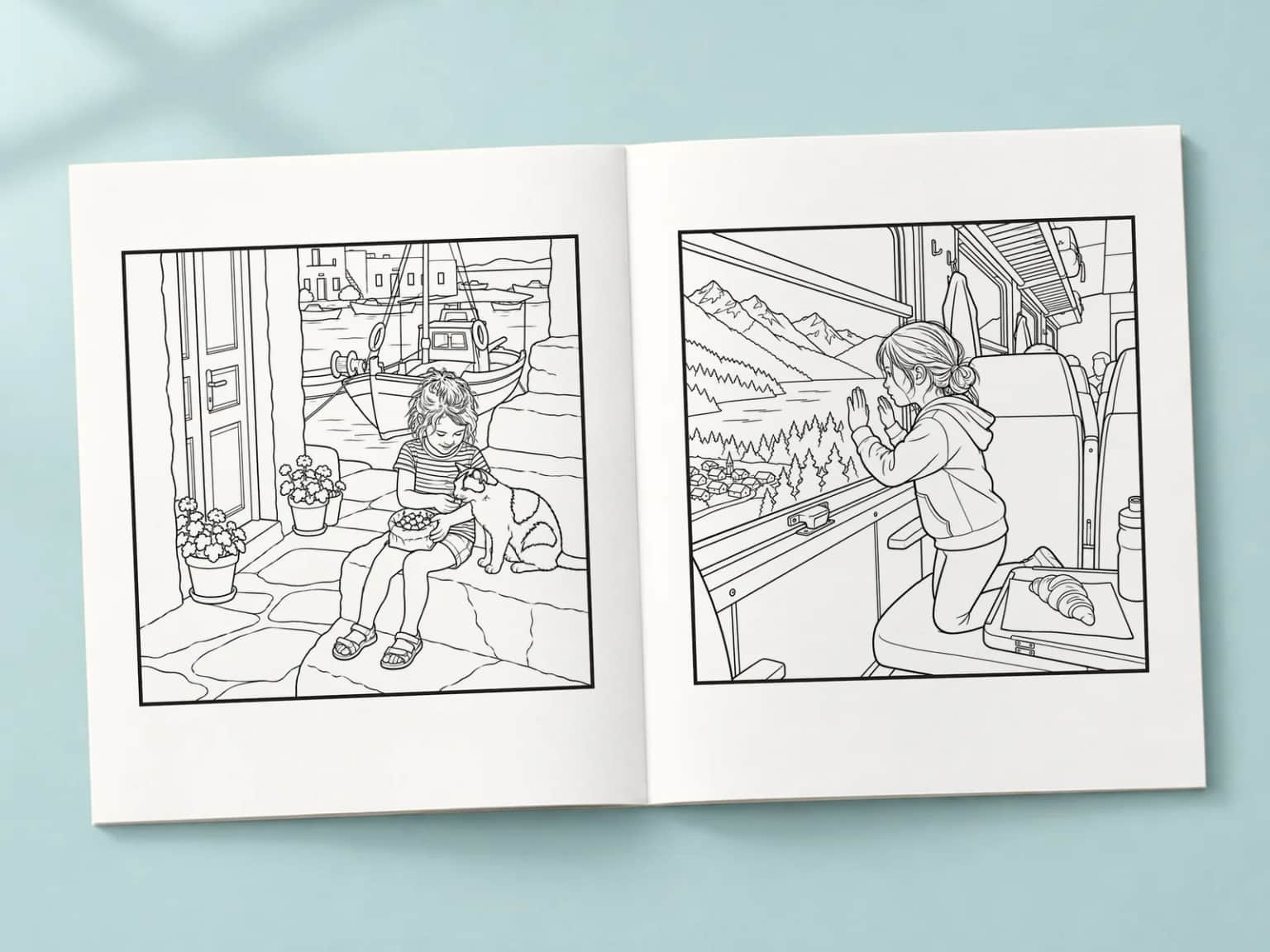 The colouring book open at two line-art pages: a girl feeding a cat on harbour steps and a girl looking out of a train window