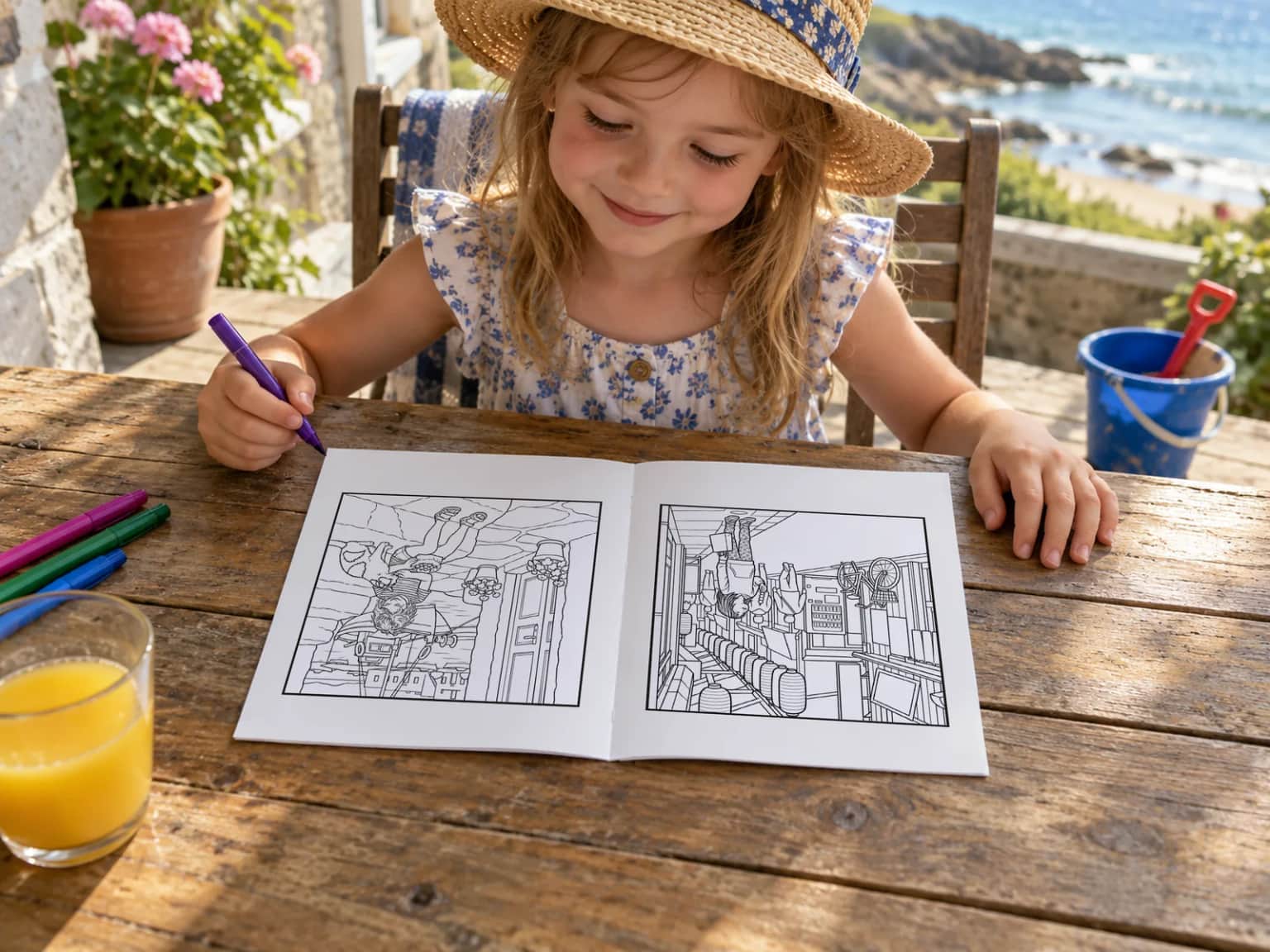 A girl in a sun hat holding a felt tip beside her open book at a table by the sea, a bucket and spade behind her