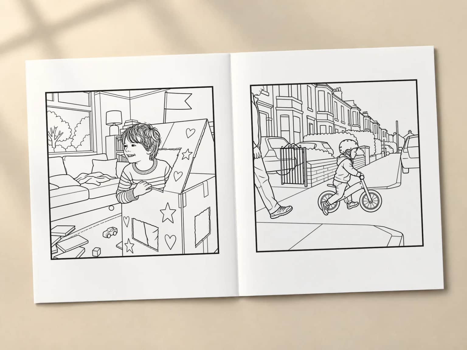 The colouring book open at two line-art pages: a boy in a cardboard den and a boy on a balance bike