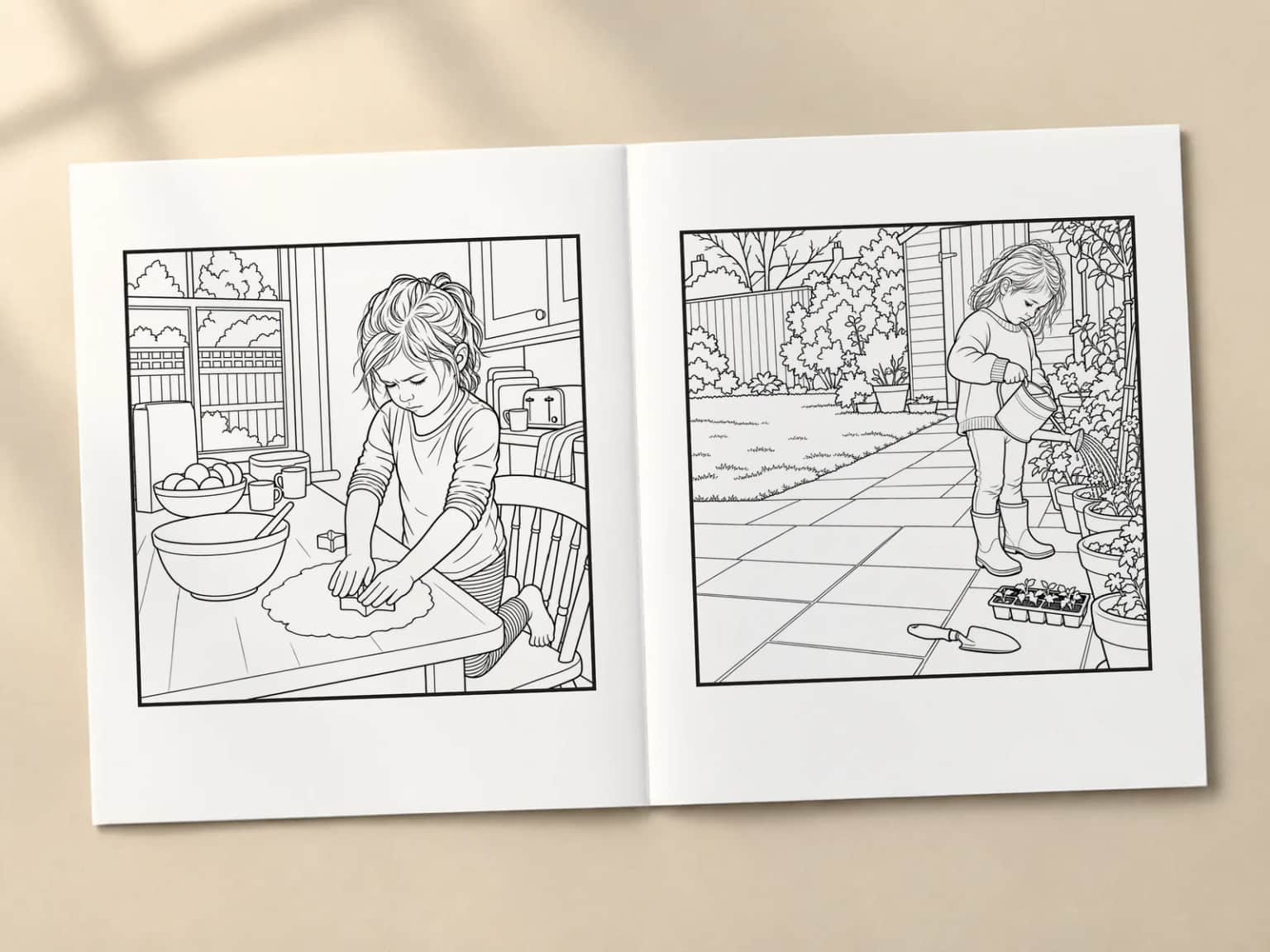 The colouring book open at two line-art pages: a girl cutting out pastry shapes and a girl watering plant pots