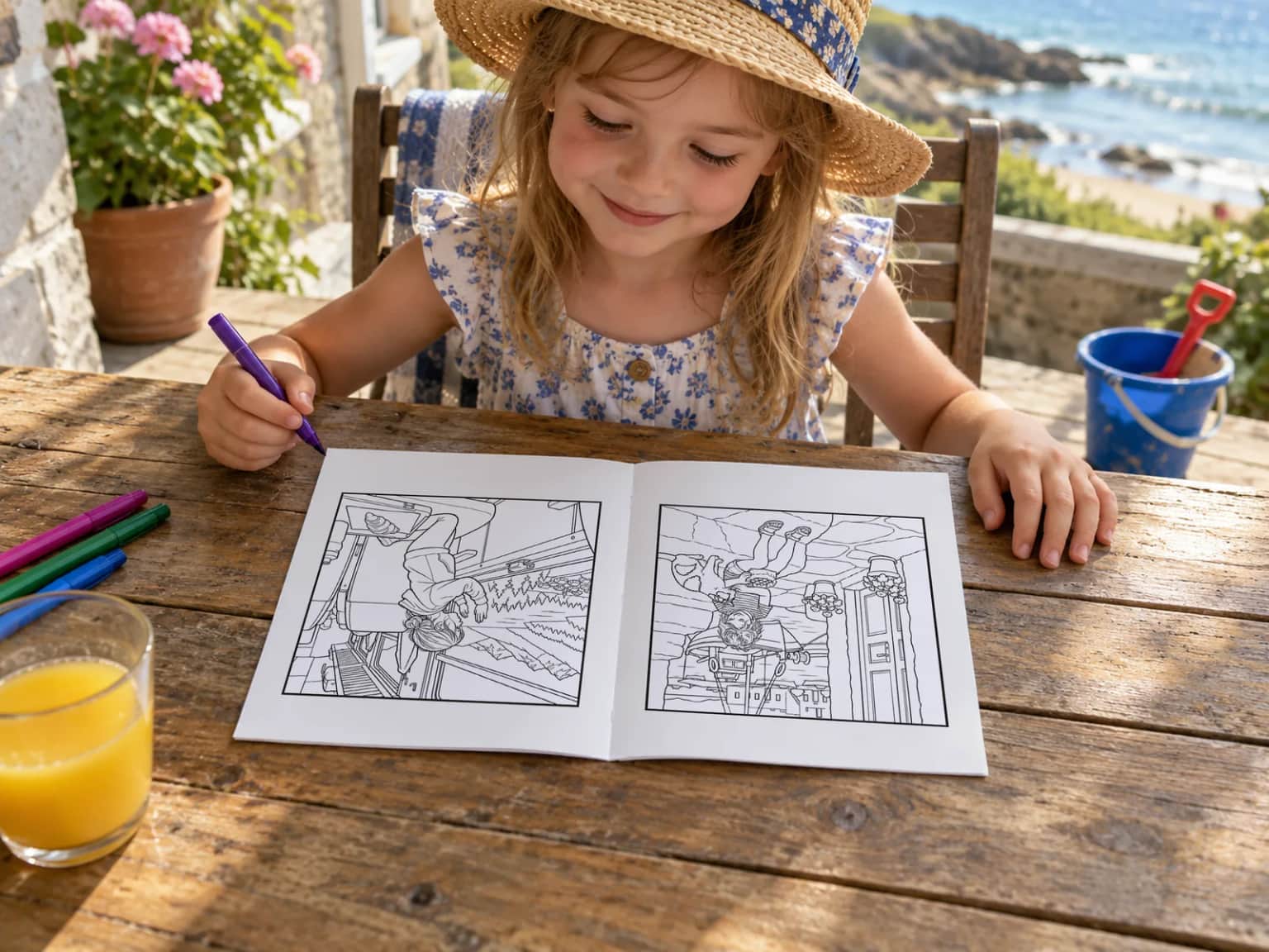 A girl in a sun hat holding a felt tip beside her open book at a table by the sea, a bucket and spade behind her