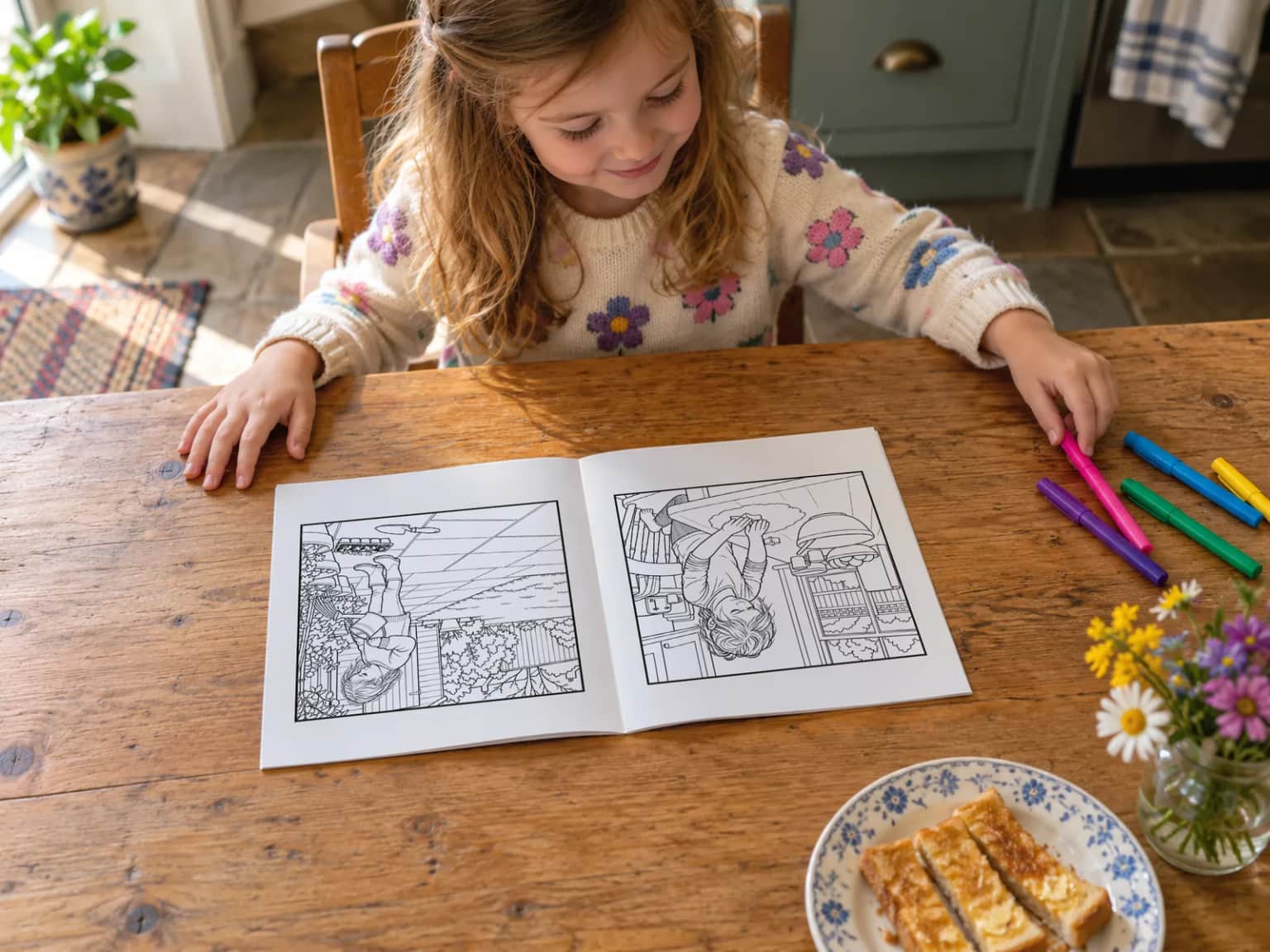 A girl choosing a felt tip beside her open book at the kitchen table on a sunny weekend morning, toast soldiers on the table