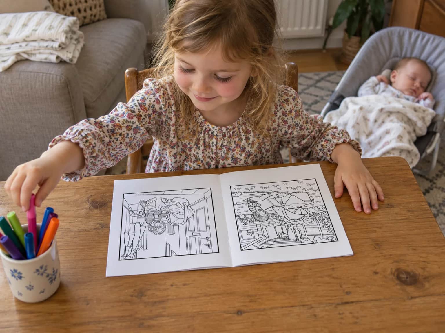 A big sister picking a felt tip from a pot beside her open book at the living-room table, the baby asleep in a bouncer chair behind her
