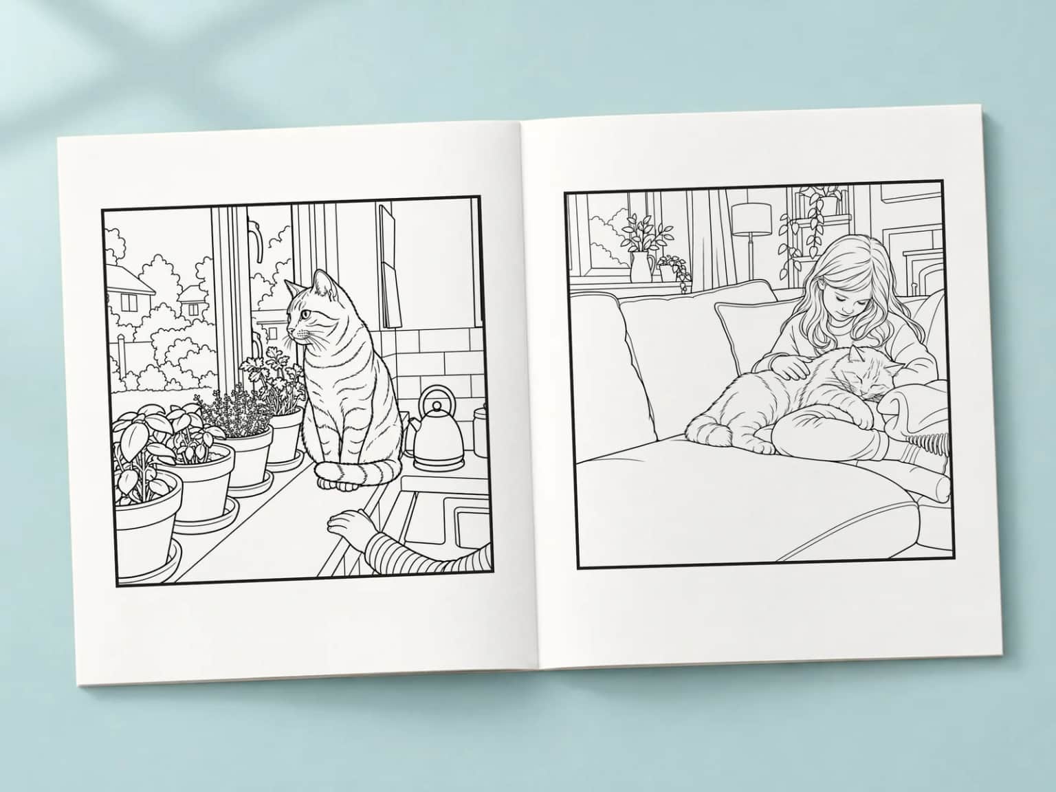 The colouring book open at two line-art pages: a tabby cat on a windowsill and a girl stroking a cat on the sofa