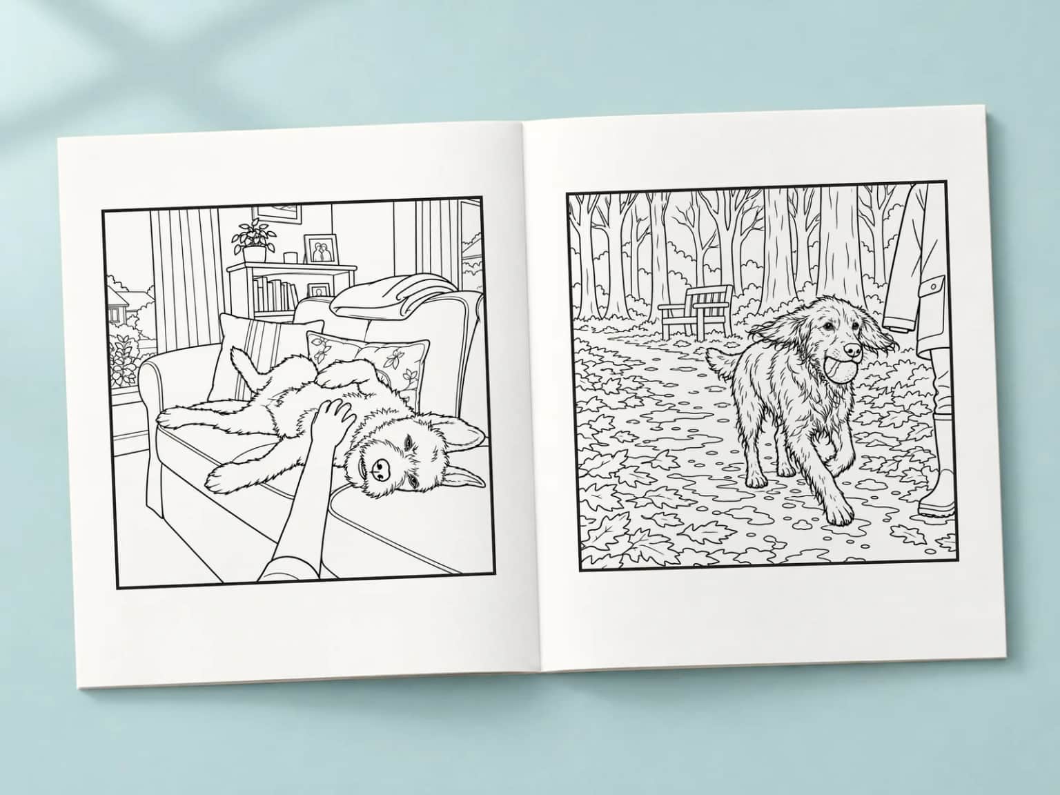 The colouring book open at two line-art pages: a dog on the sofa and a dog with a ball in the park
