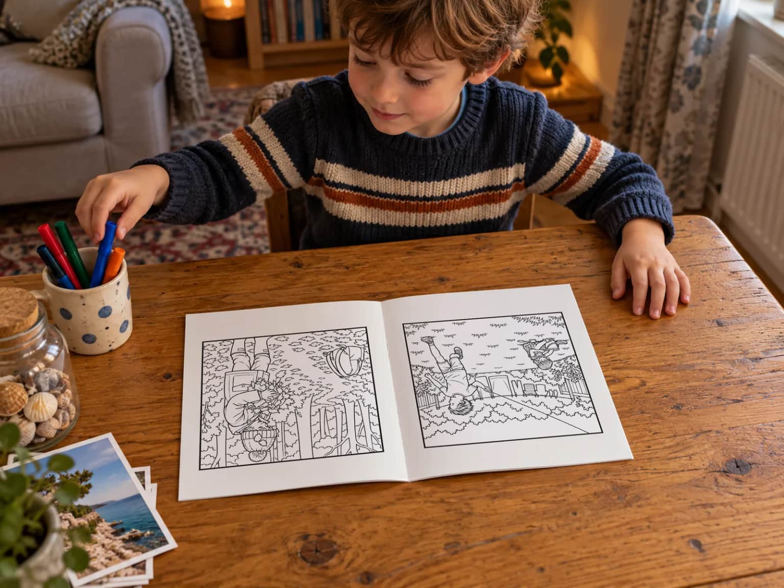 A boy picking a felt tip from a pot beside his open book at the living-room table, a few holiday photo prints on the table