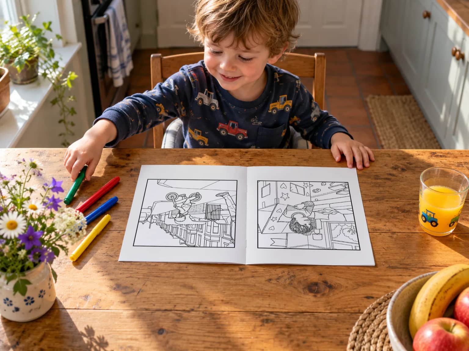 A boy choosing a felt tip beside his open book at the kitchen table on a sunny weekend morning, a pot of wild flowers and a glass of orange juice on the table