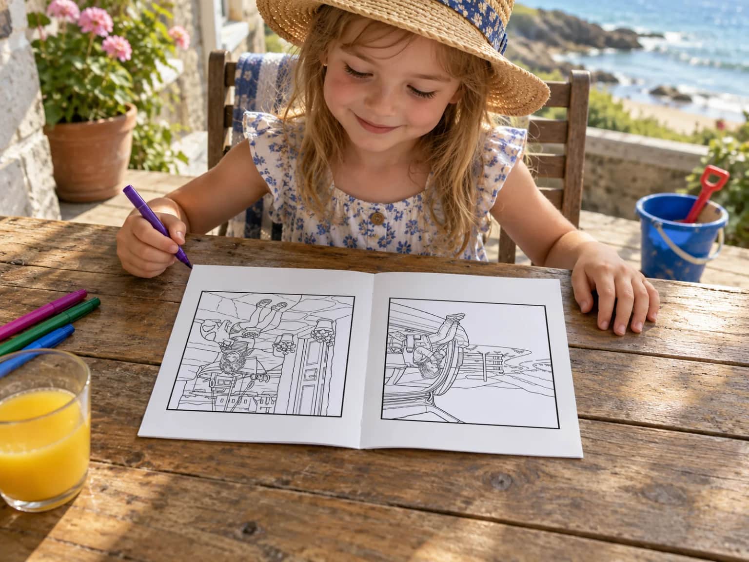 A girl in a sun hat holding a felt tip beside her open book at a table by the sea, a bucket and spade behind her