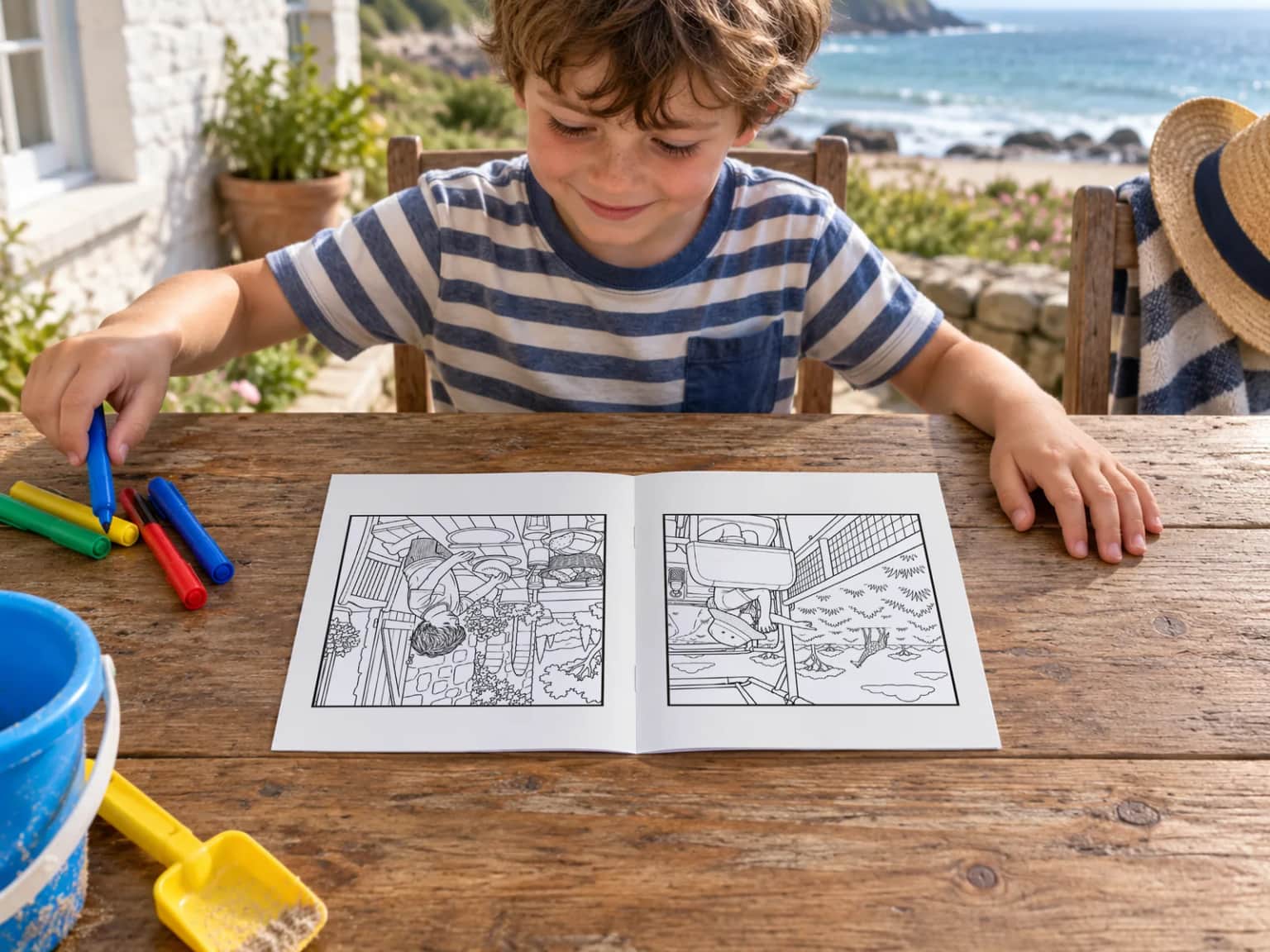 A boy in a striped T-shirt choosing a felt tip beside his open book at a table by the sea, a bucket and spade on the table