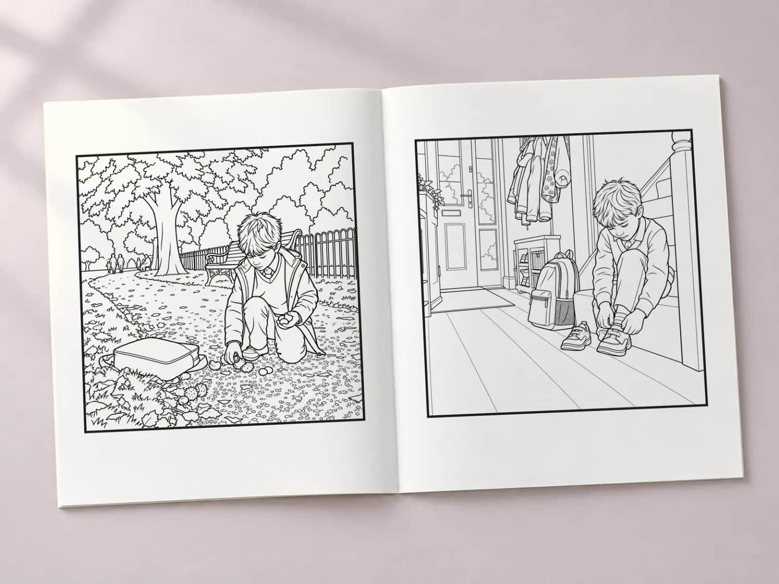 The colouring book open at two line-art pages: a boy gathering conkers under a tree and a boy putting on his school shoes
