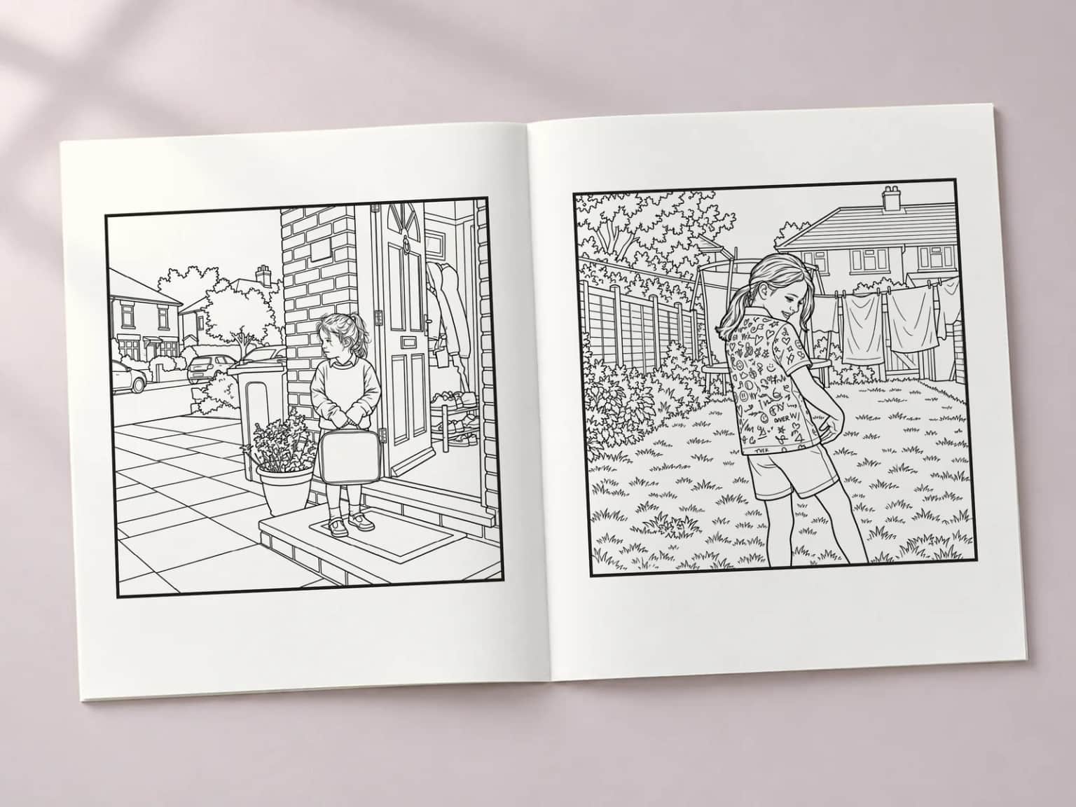 The colouring book open at two line-art pages: a girl on her first school morning and a girl playing in the back garden in her summer clothes