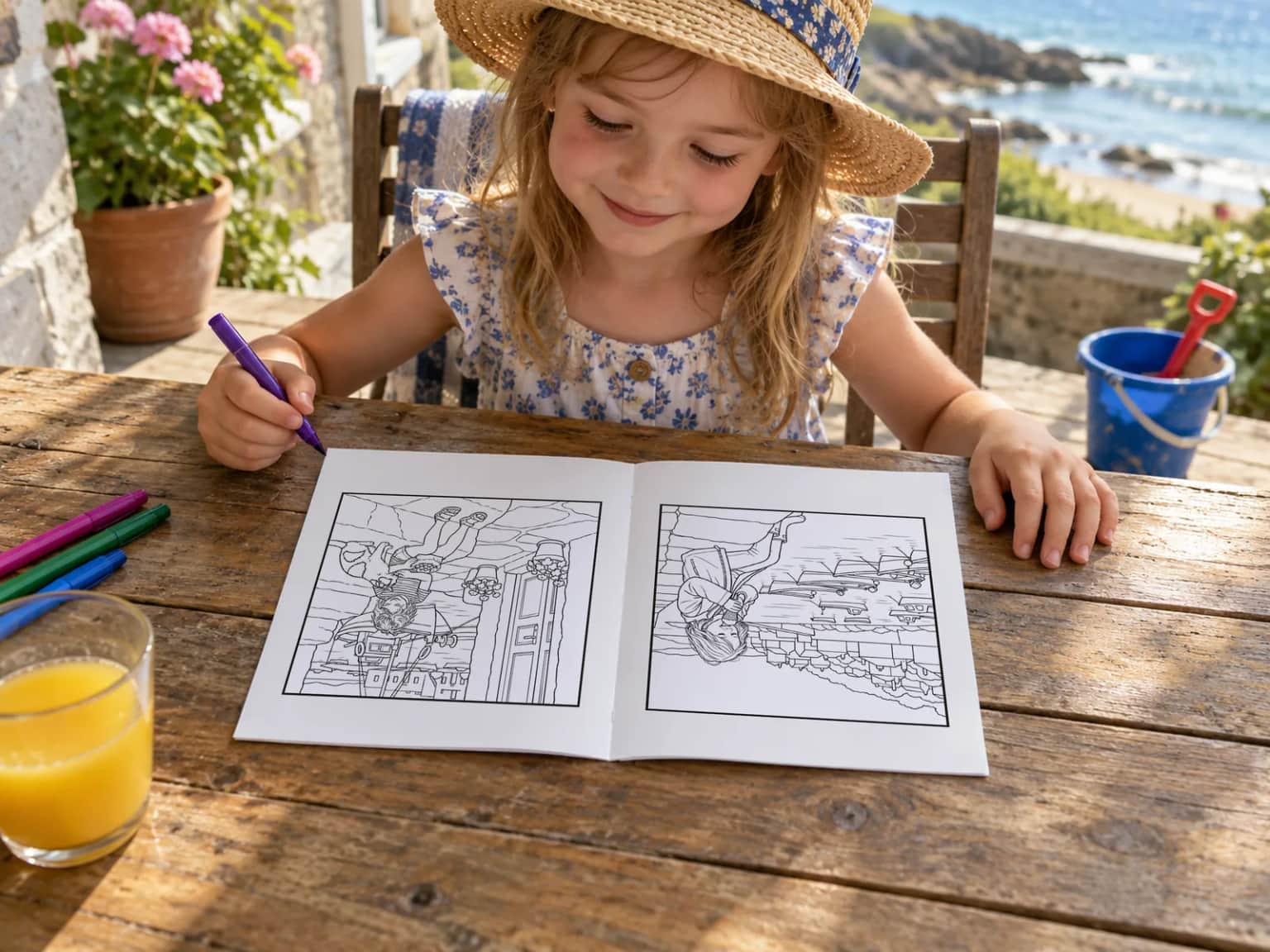 A girl in a sun hat holding a felt tip beside her open book at a table by the sea, a bucket and spade behind her