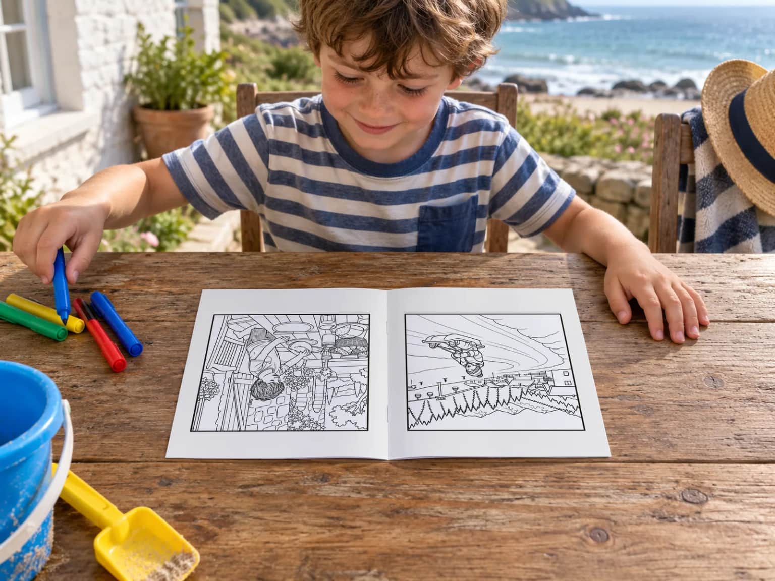 A boy in a striped T-shirt choosing a felt tip beside his open book at a table by the sea, a bucket and spade on the table