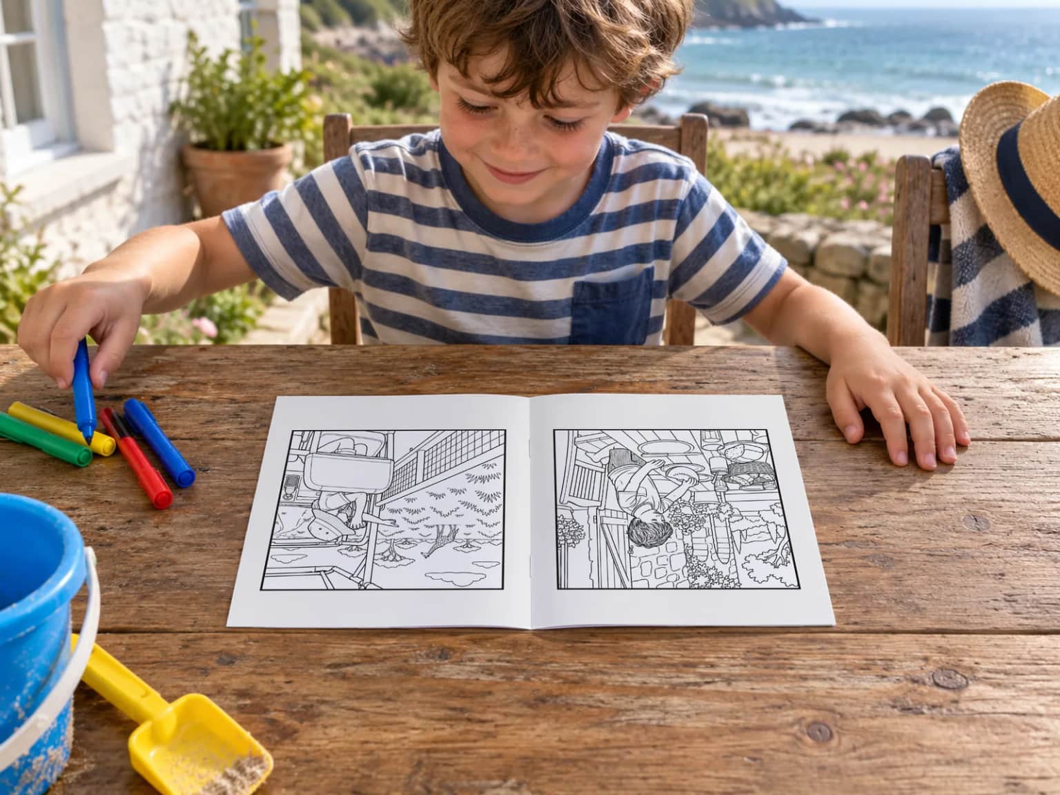 A boy in a striped T-shirt choosing a felt tip beside his open book at a table by the sea, a bucket and spade on the table