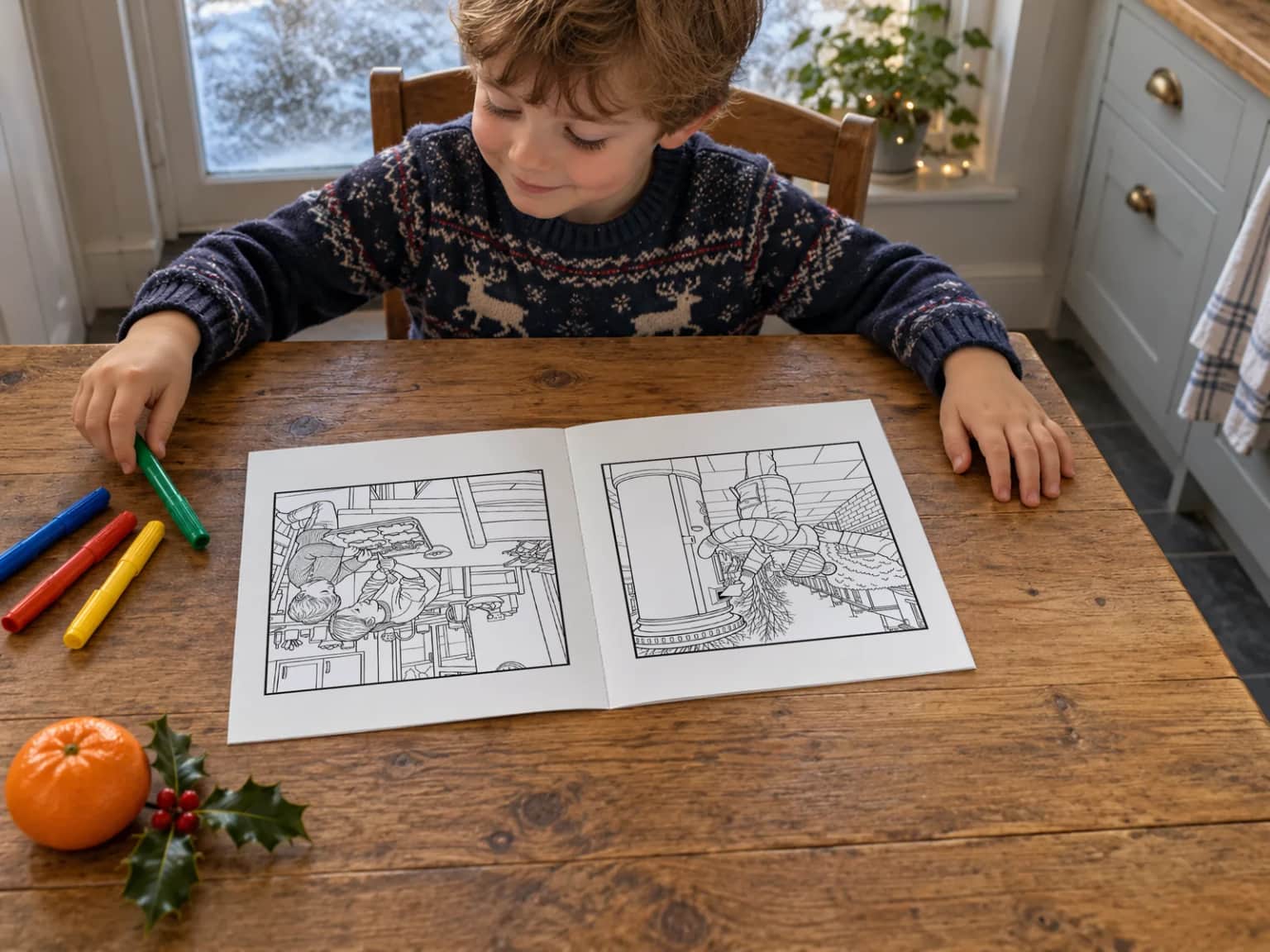 A boy in a reindeer jumper choosing a felt tip beside his open book at the kitchen table on a snowy December morning