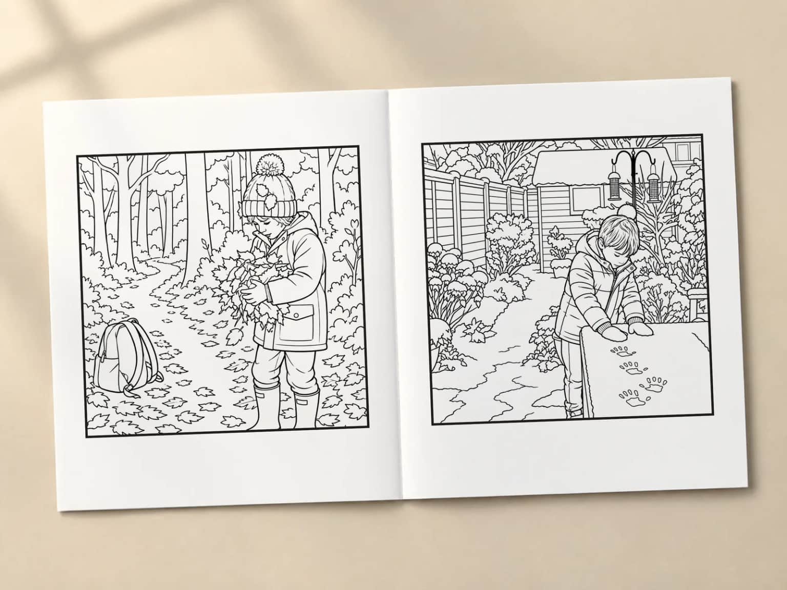 The colouring book open at two line-art pages: a boy gathering autumn leaves and a boy pressing his hands into snow