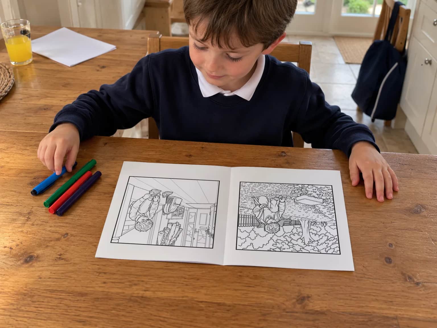 A boy in his school jumper choosing a felt tip beside his open book at the kitchen table after school, his school bag on a chair behind him
